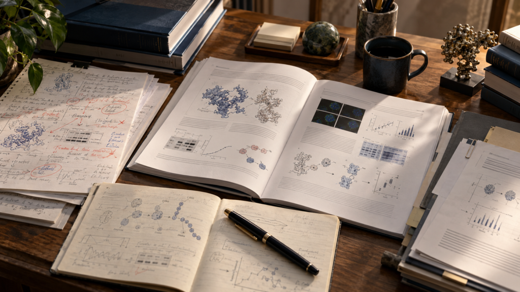 Scientific manuscripts, research notes, journals, and grant materials arranged for an academic interview on writing and mentorship
