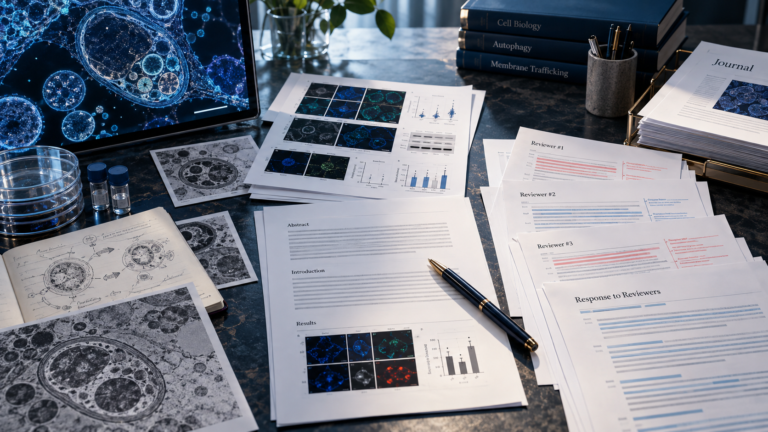Autophagy-inspired cellular structures transitioning into scientific manuscripts, peer review notes, and publication materials