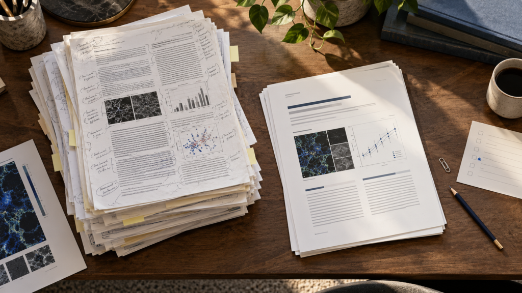 Contrasting stacks of research proposals illustrating clear and difficult scientific grant writing