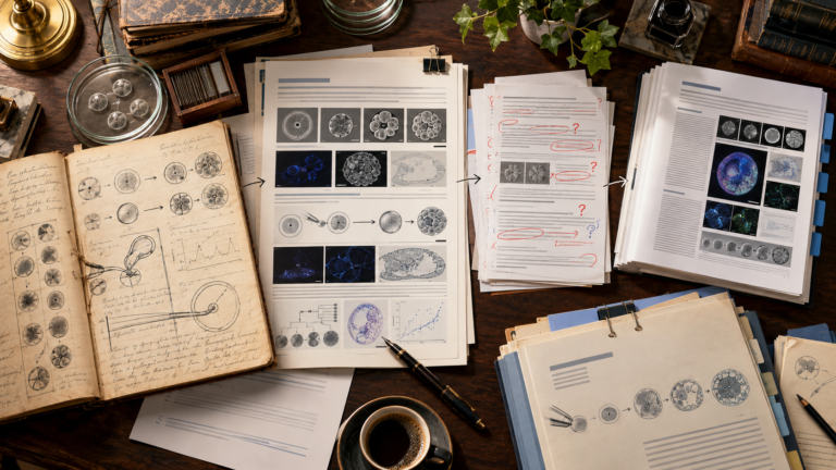 Scientific manuscripts, developmental biology diagrams, grant materials, and peer review notes arranged as a research publishing workflow