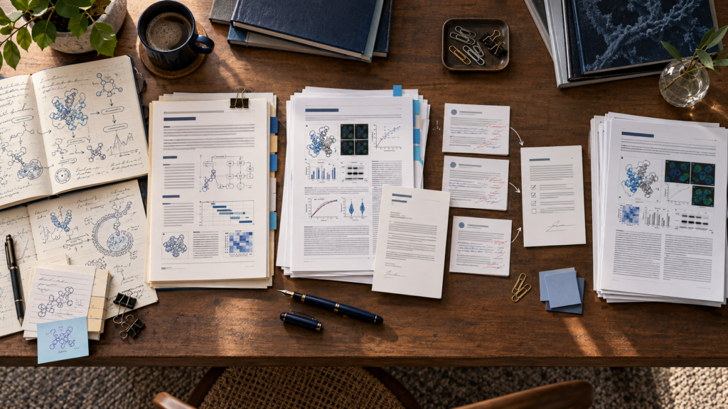 Scientific manuscript, grant proposal, cover letter, and peer review materials arranged in an academic publishing workflow