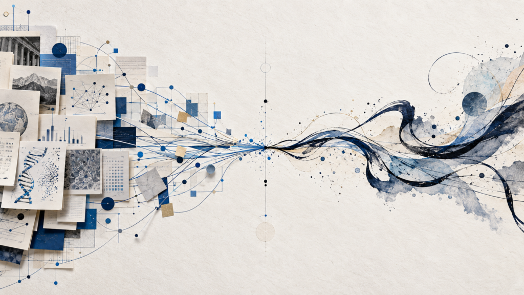 External research networks and an expressive ink line converging into a unified writing composition