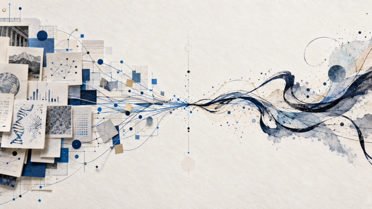 External research networks and an expressive ink line converging into a unified writing composition