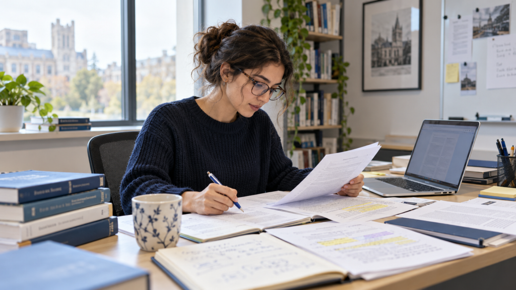 Researcher reviewing an academic manuscript on a laptop with AI-assisted writing tools