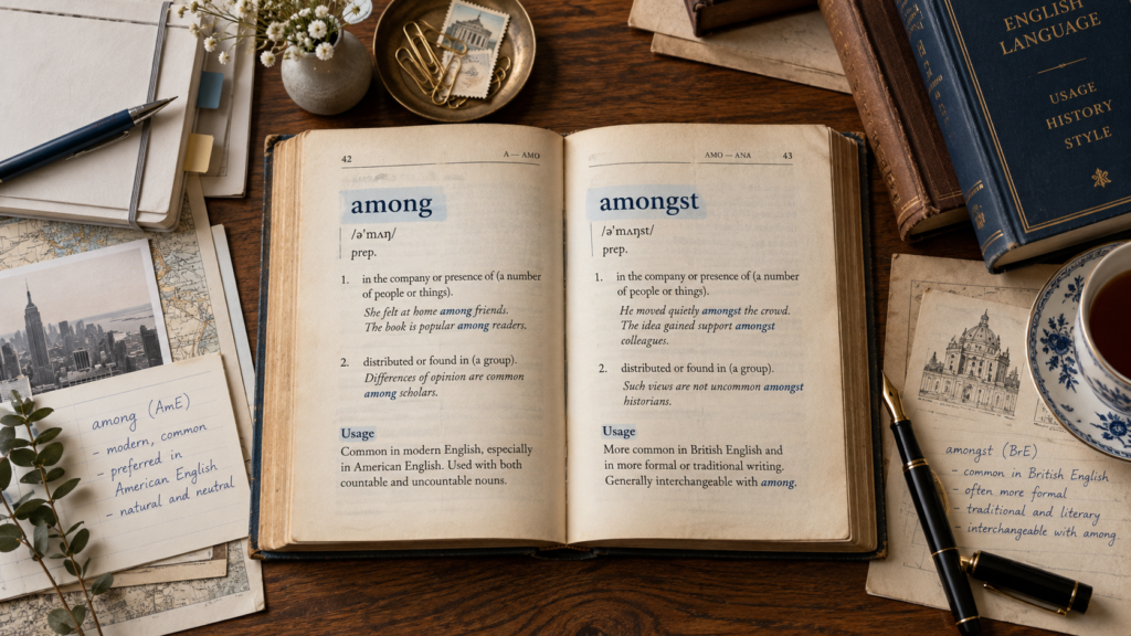 Open English reference book arranged as a visual comparison of two closely related word choices