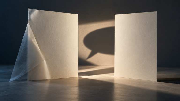 Negative space between paper forms creating a hidden message through light and shadow