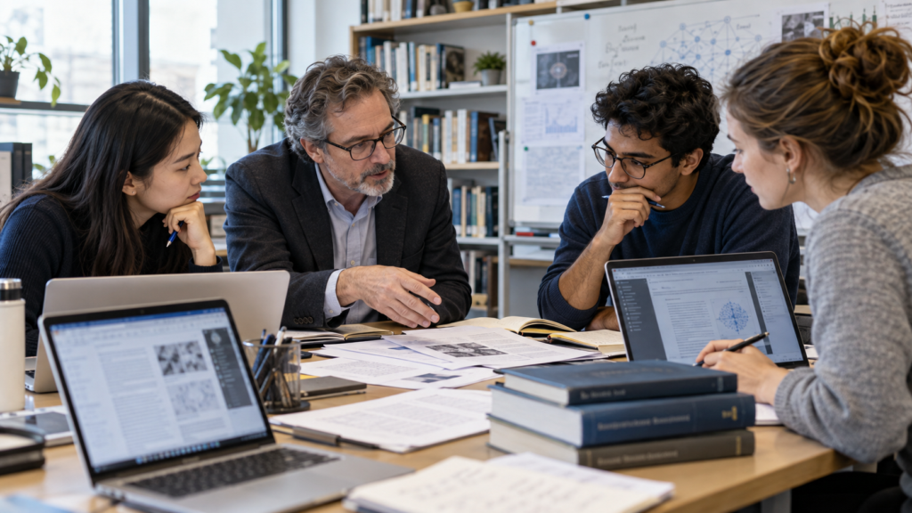 University researchers collaborating with digital technology during academic and scientific work