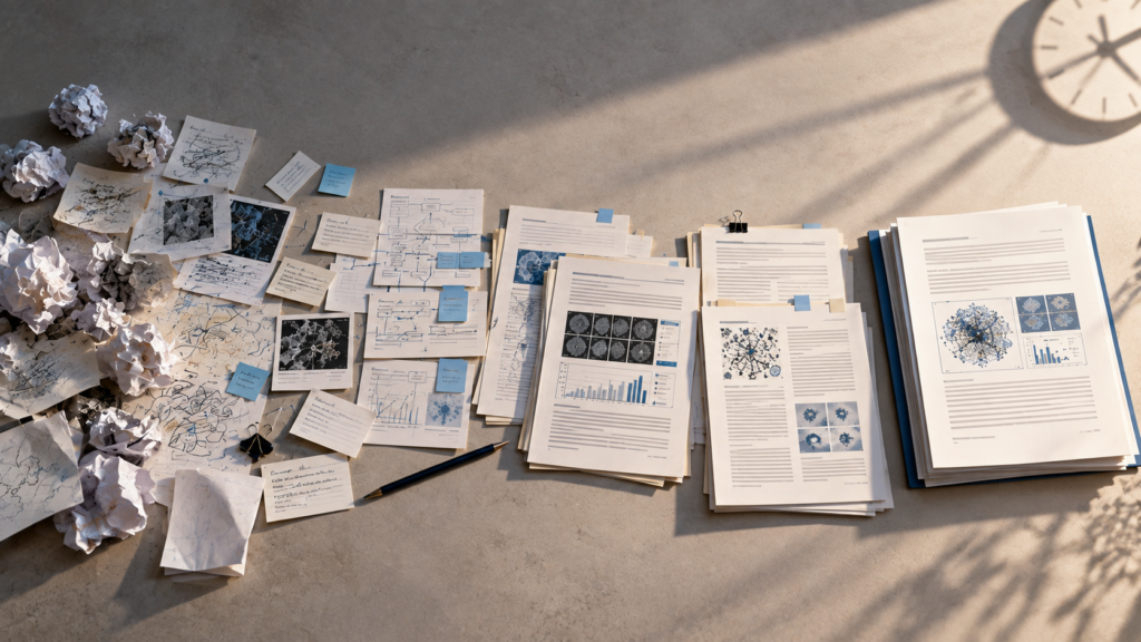 Academic work progressing from disorganized notes to a polished completed assignment
