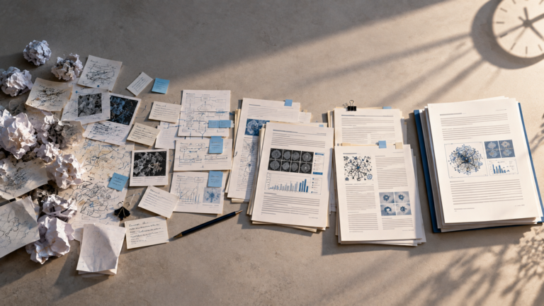 Academic work progressing from disorganized notes to a polished completed assignment