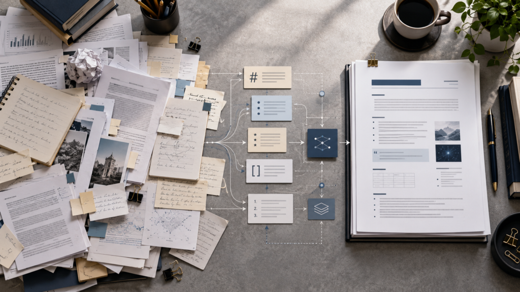 Academic manuscript transitioning from research notes into a structured Markdown writing workflow