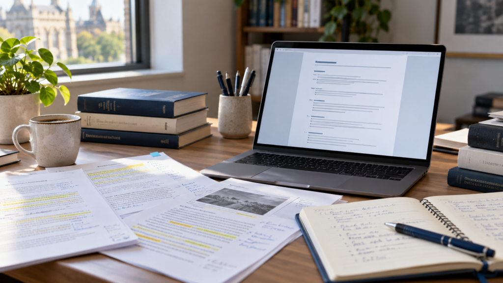 Academic bibliography with research papers, citation notes and reference materials on a study desk