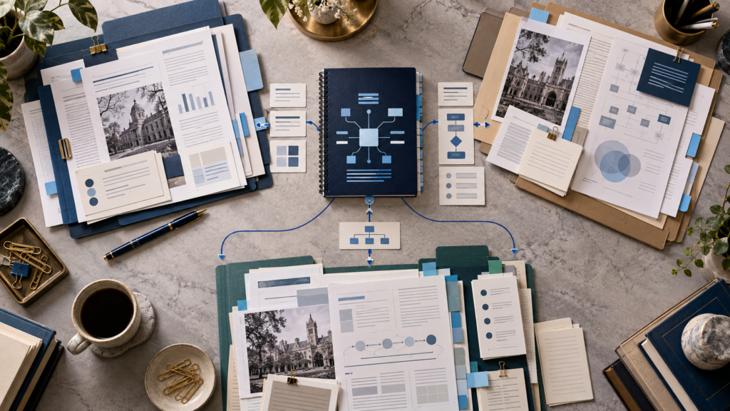 Academic course materials arranged to represent prompt engineering and AI training across universities