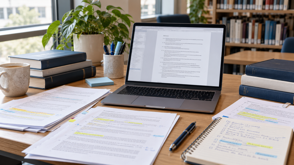 Laptop and academic papers arranged for reviewing bibliography and citation formatting